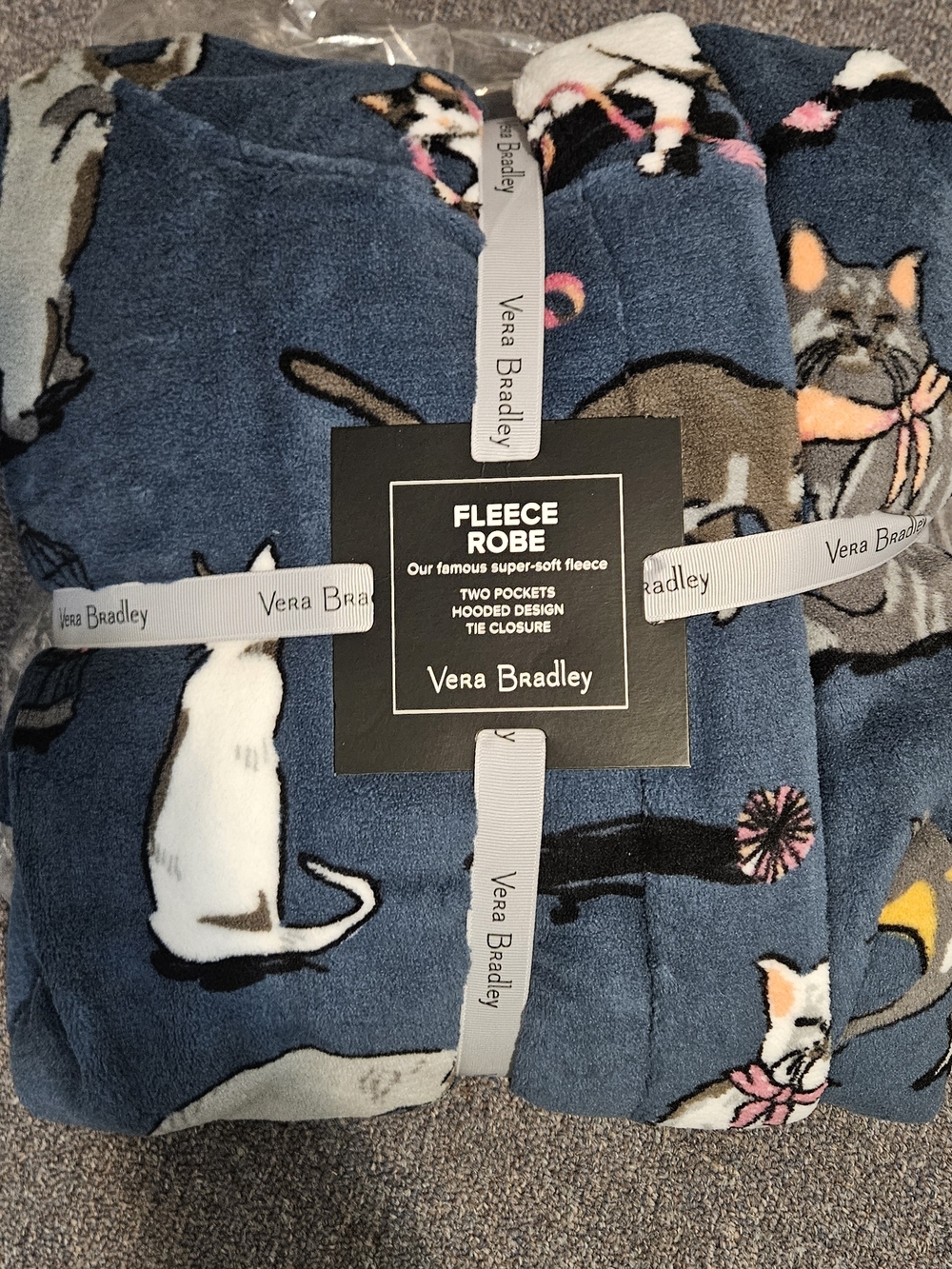 Vera Bradley Navy Cat-Print Fleece Robe with Playful Accents